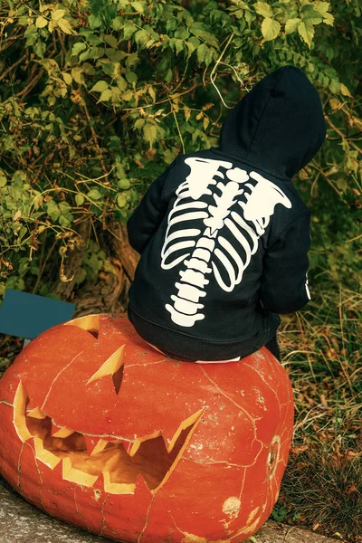 Zadní Pohled Dítě Nosit Skeleton Kostým Halloween Venku Sedí Obrovské — Stock fotografie