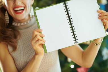 şık kadın gösteren defter yakınındaki Noel ağacı, açık boş sayfaları ile gülümseyen yakın çekim