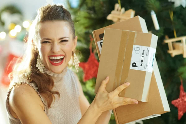 Glückliche Stilvolle Hausfrau Der Nähe Von Weihnachtsbaum Zeigt Päckchen — Stockfoto