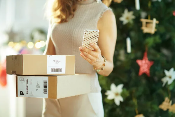 Mujer Joven Con Paquetes Teléfono Inteligente Utilizando Aplicación Cerca Del — Foto de Stock