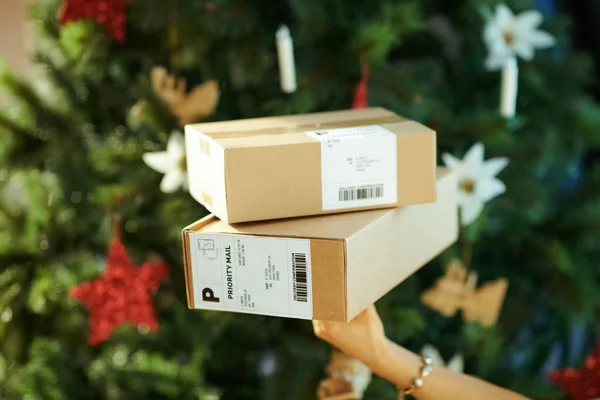 Zwei Pakete Der Hand Einer Frau Der Nähe Des Weihnachtsbaums — Stockfoto