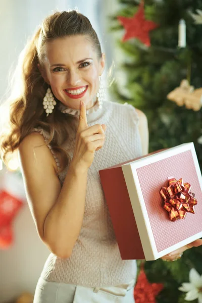 Glückliche Junge Frau Mit Weihnachtsgeschenkschachtel Zeigt Shh Geste Der Nähe — Stockfoto