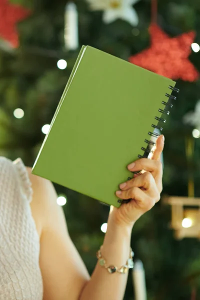 Moderne Vrouw Buurt Van Kerstboom Weergegeven Notebook — Stockfoto