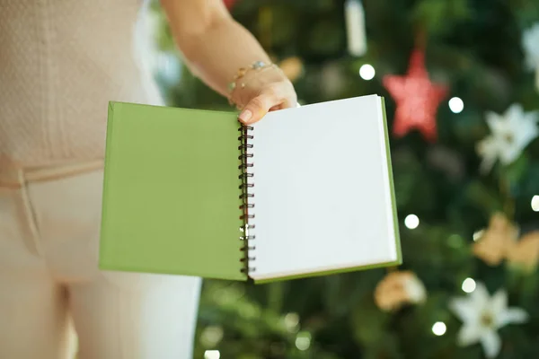 现代家庭主妇显示绿色乳制品与开放的空白页附近的圣诞树 — 图库照片