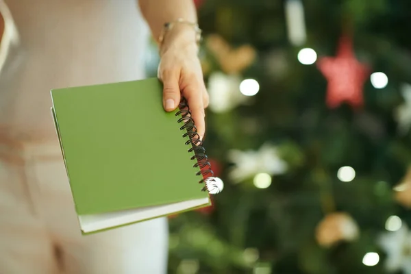 时尚的女人附近的圣诞树给绿色笔记本 特写镜头 — 图库照片