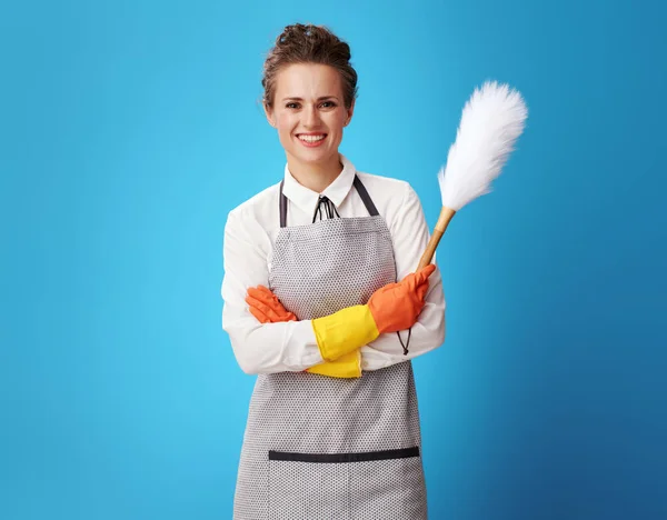Portrait Happy Young Cleaning Woman Apron Dust Cleaning Brush Isolated — Stock Photo, Image