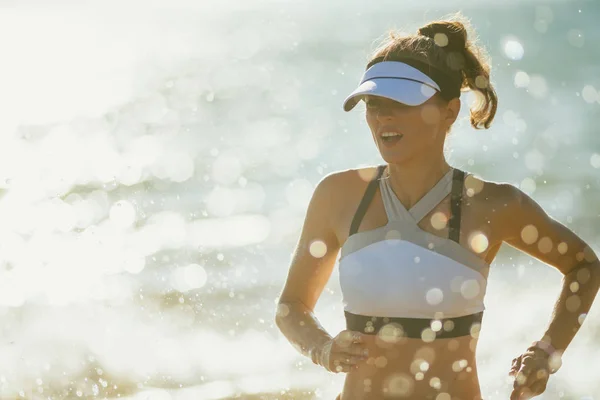 Fit Sports Woman Sport Clothes Ocean Coast Evening Jogging Sick — Stock Photo, Image