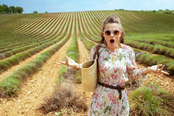 Missnöjda Trendiga Kvinnan Vid Grönt Fält Provence Frankrike Missade Blomning — Stockfoto
