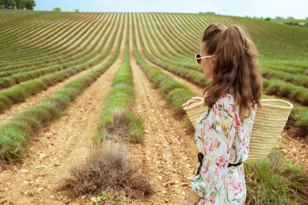 Seen Trendy Woman Floral Dress Green Field Provence France Looking — Stock Photo, Image