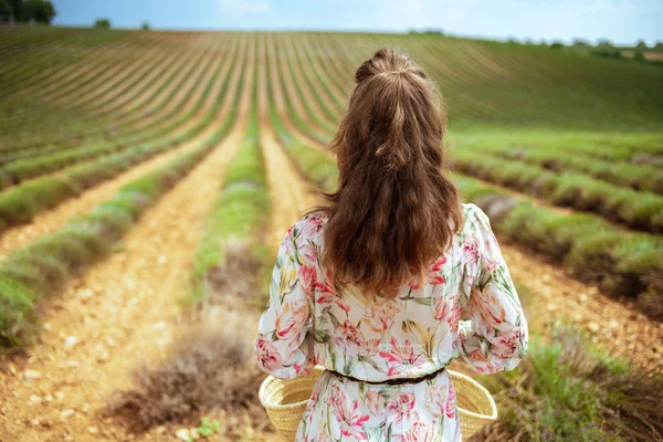 Visto Por Detrás Uma Jovem Mulher Vestido Verão Campo Verde — Fotografia de Stock