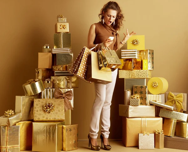 Full Length Portrait Annoyed Modern Fashion Monger Gold Beige Pants — Stock Photo, Image