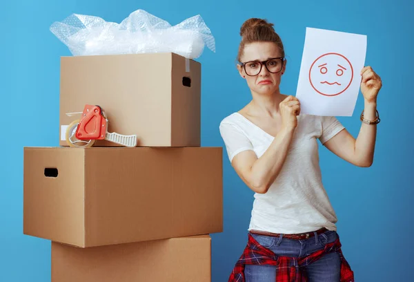 Unhappy Modern Woman White Shirt Cardboard Box Showing Sheet Paper — Stock Photo, Image