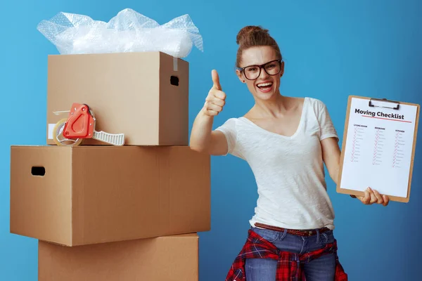 Happy Young Woman White Shirt Cardboard Box Showing Moving Checklist — Stock Photo, Image