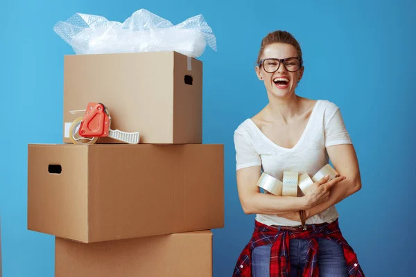 Happy Young Woman White Shirt Cardboard Box Lot Adhesive Tapes — Stock Photo, Image