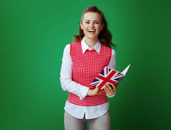 Student woman looking through records of English class in United — Stock Photo, Image