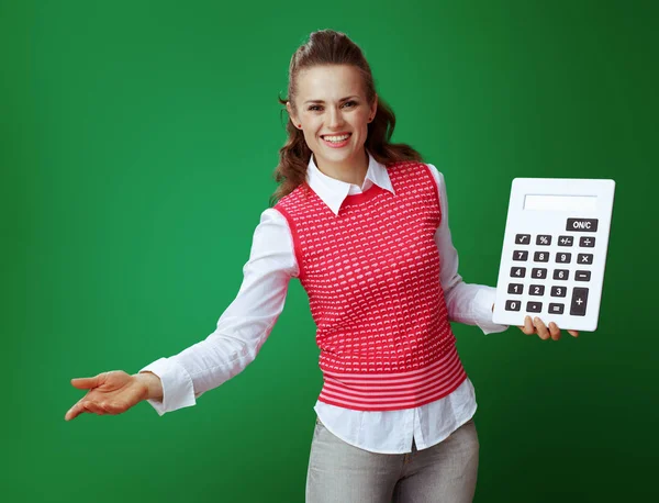 Happy healthy student with big white calculator inviting — Stock Photo, Image