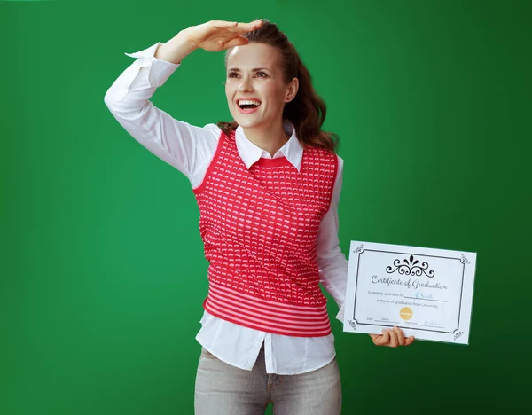 Student woman with Certificate of Graduation looking into the di — Stock Photo, Image