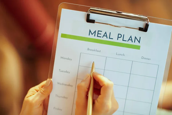Closeup Female Hands Filling Meal Plan Modern Living Room — Stock Photo, Image