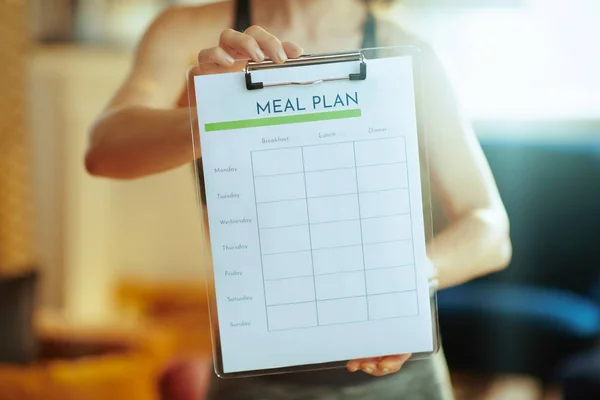 Closeup Fit Woman Fitness Clothes Showing Clipboard Meal Plan Modern — Stock Photo, Image