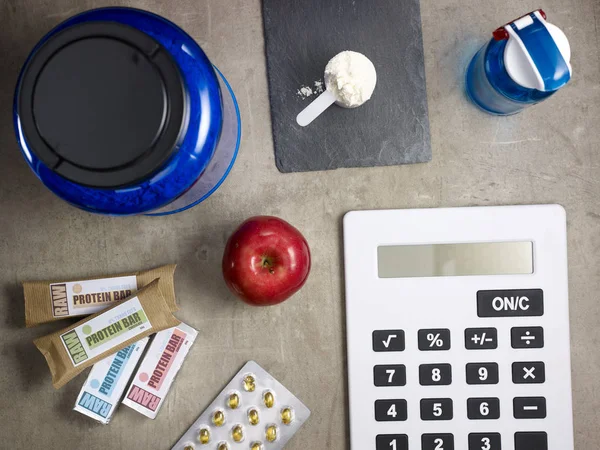 Närbild Stora Blå Protein Burk Shaker Doseringssked Med Pulver Protein — Stockfoto