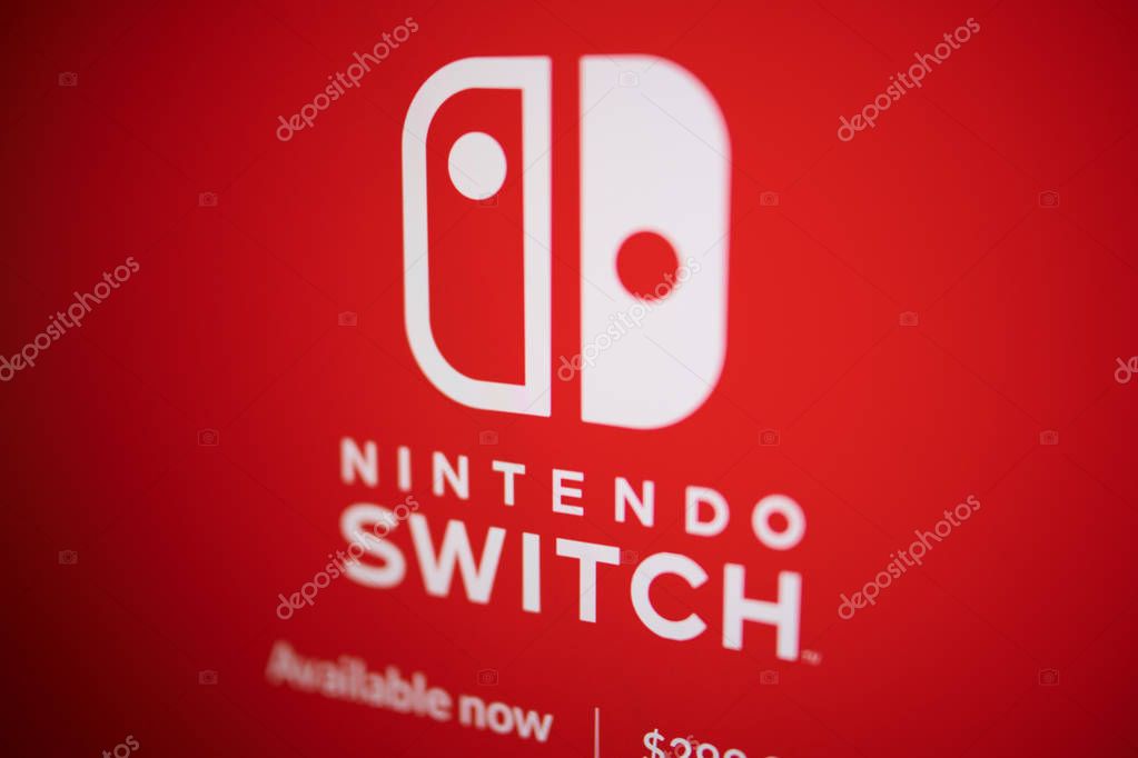 Prague - May, 21, 2019: Closeup on Nintendo switch logo photographed from the site screen.