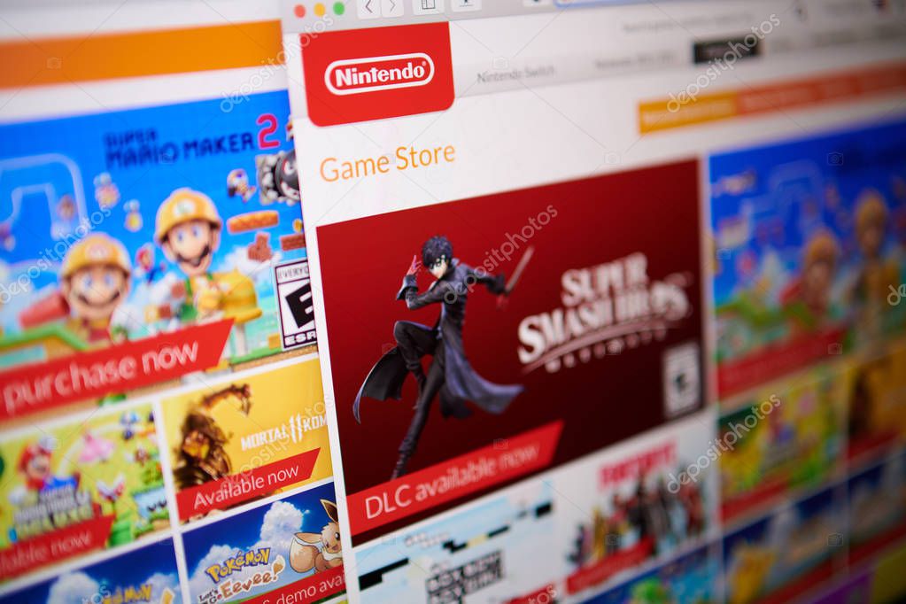 Prague - May, 22, 2019: Closeup on online Nintendo game store photographed from the site screen.