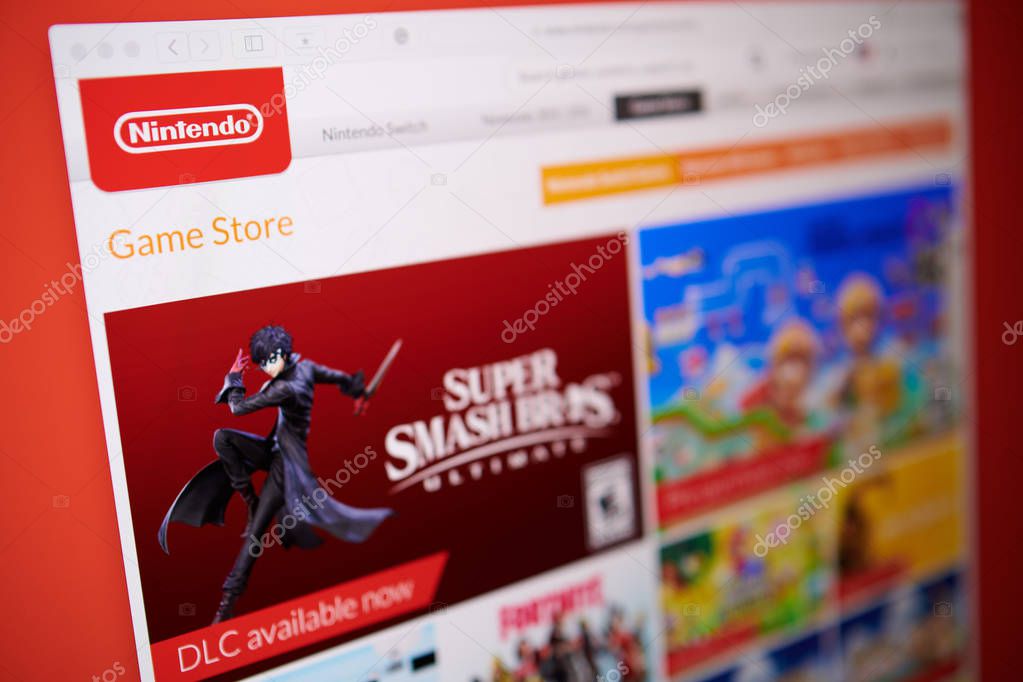 Prague - May, 22, 2019: Closeup on online Nintendo game store photographed from the site screen.