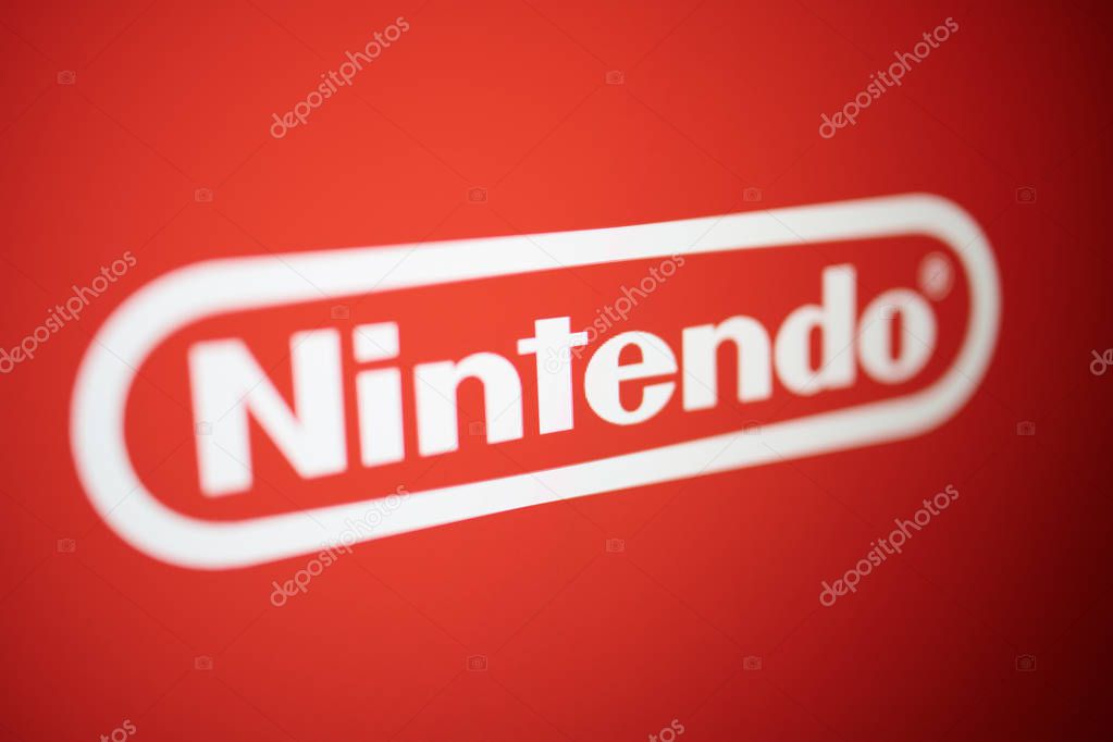 Closeup on Nintendo logo photographed from the site screen.
