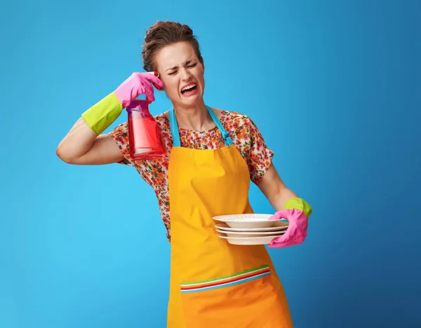 Huisvrouw met gewassen platen wil schieten van schotel zeep — Stockfoto