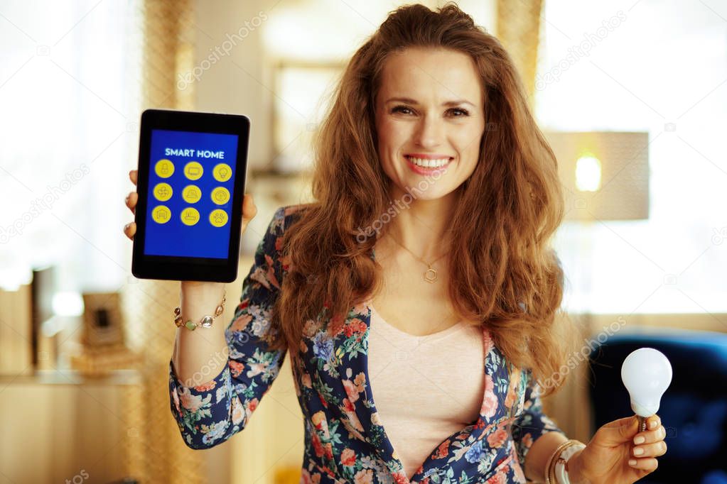 housewife showing tablet PC with smart home application and smar