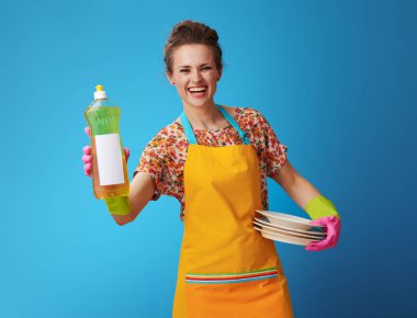 bl üzerinde yıkanmış tabak ve bulaşık deterjanı ile gülümseyen kadın