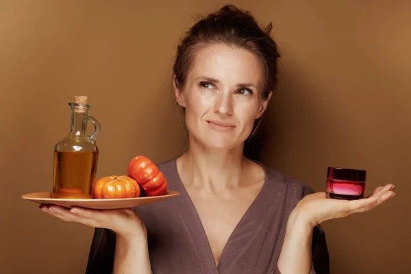 Hello Autumn Portrait Pensive Elegant Year Old Woman Bathrobe Pumpkin — Stock Photo, Image