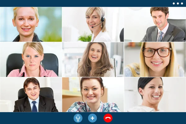 group video call screen of business colleagues working remotely.