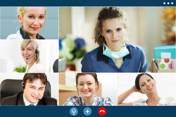 Group Video Call Screen Business Colleagues Working Remotely Coronavirus Pandemic — Stock Photo, Image