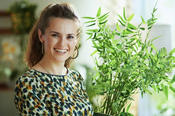Retrato Mulher Elegante Sorridente Blusa Com Planta Sala Verde Decorando — Fotografia de Stock