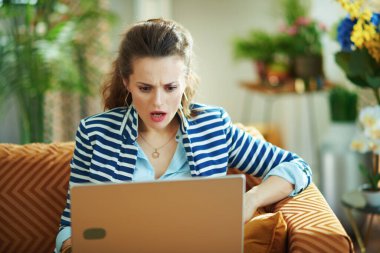 Şok olmuş mavi bluzlu ve çizgili ceketli zarif orta yaşlı kadın güneşli bir günde modern evde dizüstü bilgisayarla koltukta oturuyor..