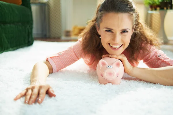 Portrait Happy Modern Middle Age Housewife Blouse White Pants Piggy — Stock Photo, Image