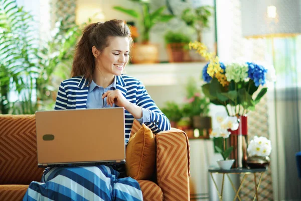 Happy Trendy Middle Age Housewife Blue Blouse Striped Jacket Sitting — Stock Photo, Image