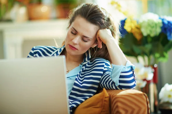 Tired Young Housewife Blue Blouse Striped Jacket Sleep Front Laptop — Stock Photo, Image