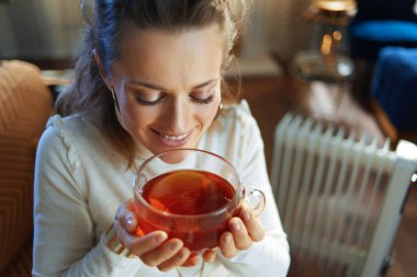 Güneşli bir kış gününde modern evde, beyaz elektrikli kaloriferin yanındaki koltukta oturmuş sıcak çayın keyfini çıkaran 40 yaşındaki rahat ev kadınının portresi..
