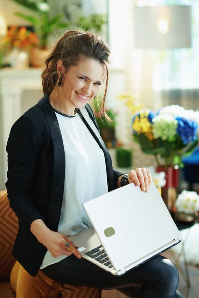 Smiling Trendy Female White Blouse Black Jacket Modern Living Room — Stock Photo, Image