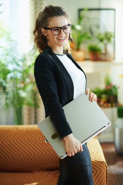 Smiling Middle Age Woman White Blouse Black Jacket Closed Laptop — Stock Photo, Image