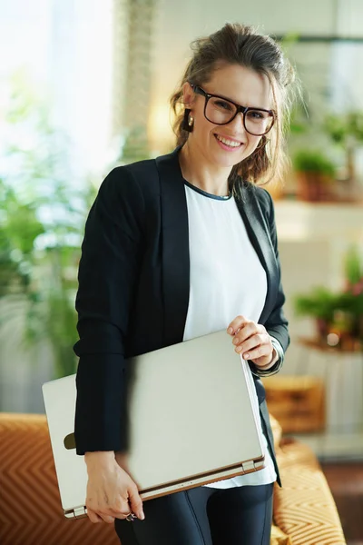 Smiling Elegant Middle Age Woman White Blouse Black Jacket Closed — Stock Photo, Image