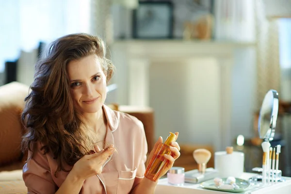 Portrait Elegant Years Old Woman Pajamas Long Brunette Wavy Hair — Stock Photo, Image