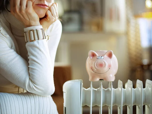 Closeup Unhappy Trendy Middle Age Woman White Sweater Skirt Sitting — Stock Photo, Image