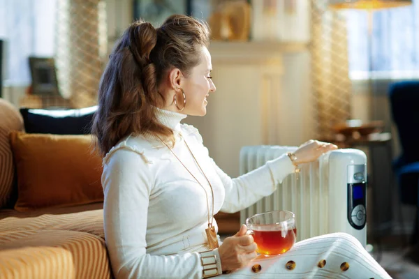 Gelukkig Stijlvolle Vrouw Witte Trui Rok Modern Huis Zonnige Winterdag — Stockfoto