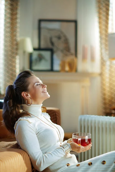在阳光明媚的冬日里 穿着白色毛衣和裙子的年轻女子坐在白色电热炉旁的沙发边 热饮着热茶 享受着现代家居生活 — 图库照片