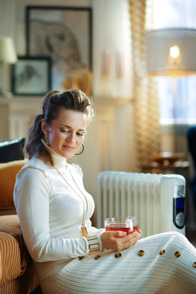 Pensive Trendy Female White Sweater Skirt Modern House Sunny Winter — Stock Photo, Image