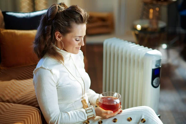 白い電気ラジエーターの近くのソファの近くに座っている白いセーターとスカートの現代女性と晴れた冬の日に現代の家で熱いお茶のカップで温暖化 — ストック写真