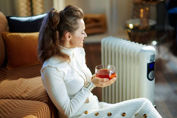 在阳光明媚的冬日里 身穿白色毛衣和裙子的现代女性微笑着坐在白色电热炉旁的沙发旁 在现代客厅里喝着热茶取暖 — 图库照片